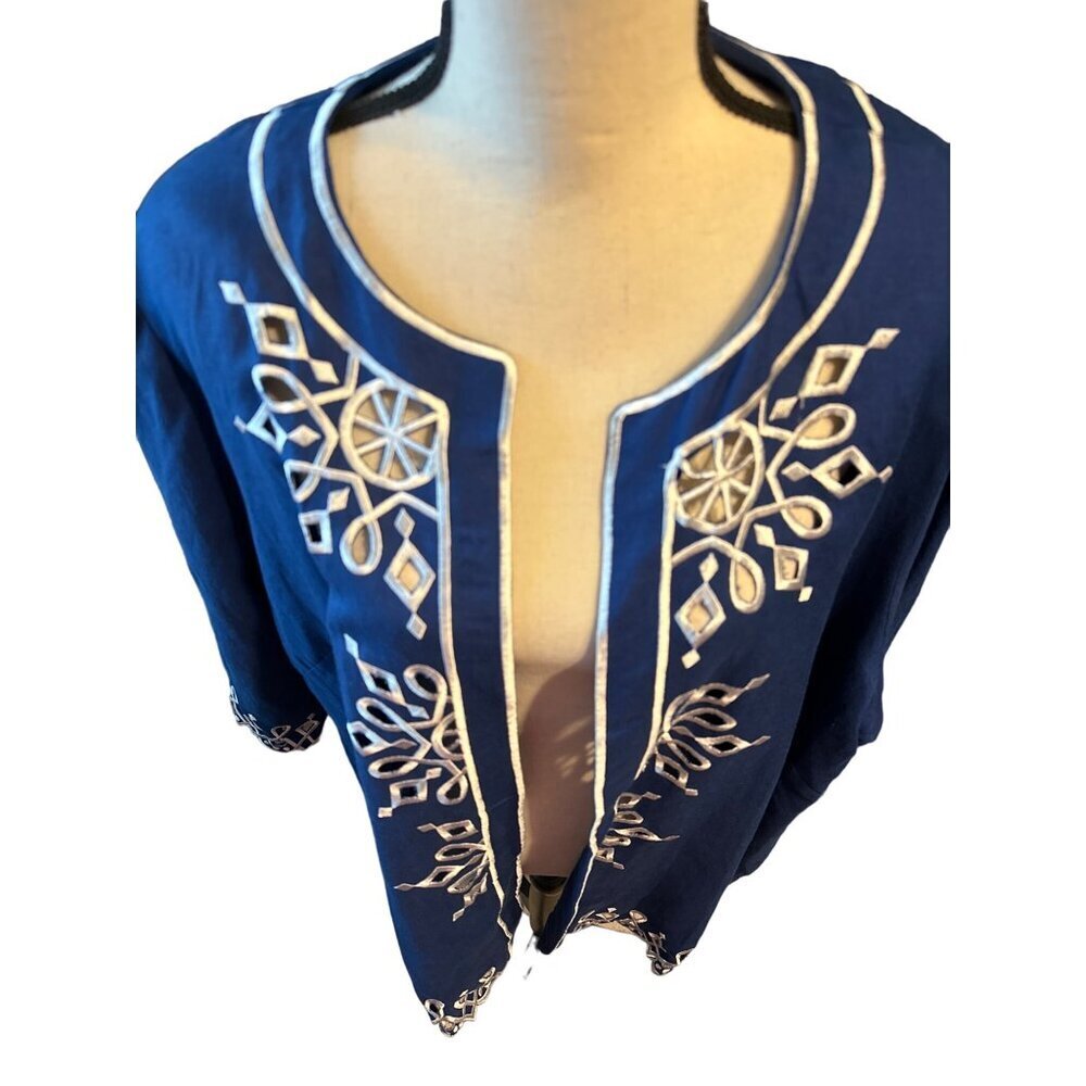 Bob Mackie Blue Linen Blend Jacket Open White Embroidered Hem & Cuffs Size 2X - Picture 3 of 6